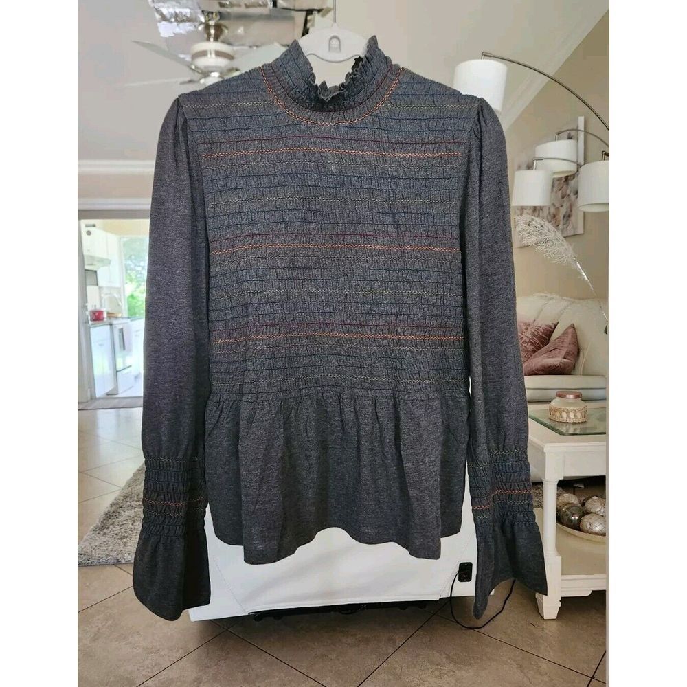 Rocks &‎ Indigo Women's Blouse ruched yoke  Mock Neck Long Sleeve Gray Size XL